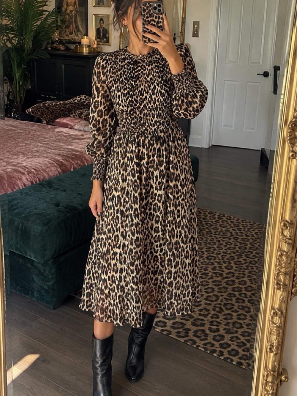 GANNI Mullin Georgette Leopard Print Midi Dress Size 36 / US 4